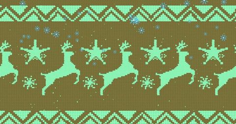 Mint green reindeer and snowflakes geometric pixel art pattern