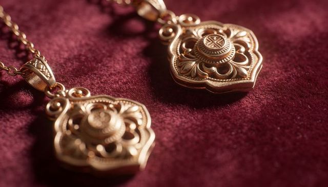 Resting ornate gold filigree pendant on burgundy velvet, macro jewelry detail