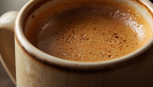 Macro Espresso Crema in Speckled Ceramic Mug Warm Cozy Morning Coffee Texture