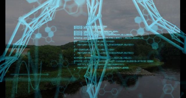 Futuristic Network Overlay on Scenic River Landscape