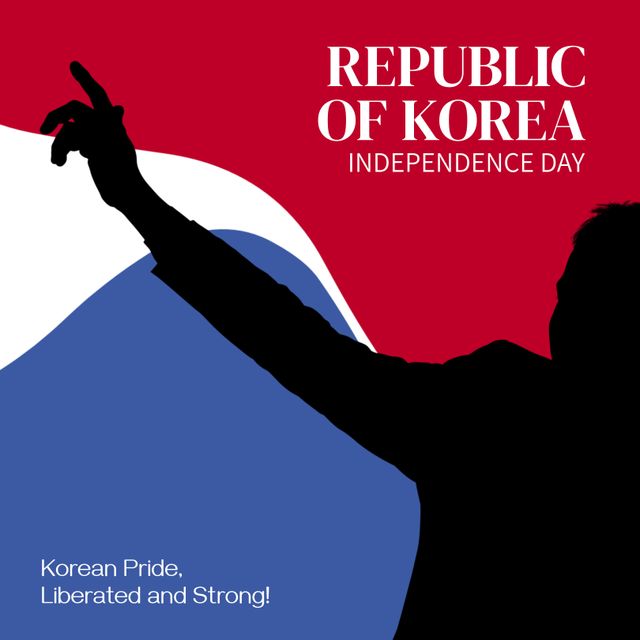 Silhouetted man raising arm in front of South Korean flag colors, emphasizing national pride and celebration. Ideal for content related to Korean Independence Day events, patriotic themes, cultural promotions, and educational materials.