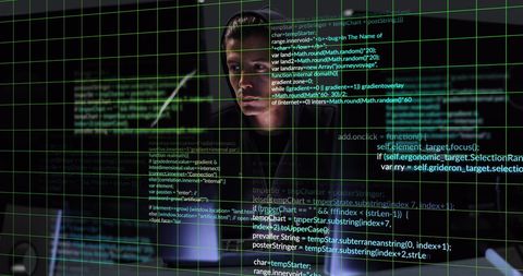Caucasian Man Hacker in Control Center Surrounded by Data Code - Download Free Stock Images Pikwizard.com
