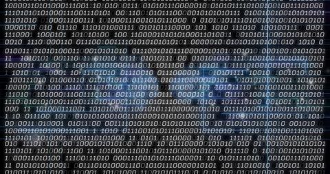 Scrolling Binary Code Overlay with Blue Glowing Data Streams and Circuit Grid