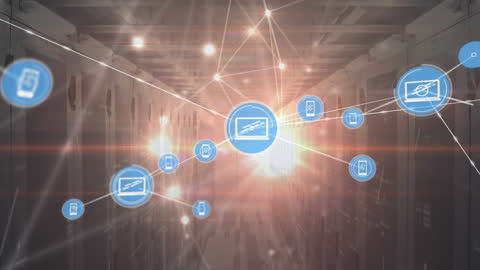 Network Connections and Icons Above Modern Server Room