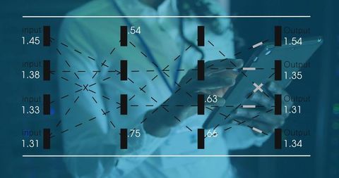Woman Using Tablet with Neural Network Overlay in Data Center