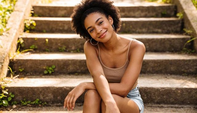 Sunlit smiling woman sitting on concrete steps wearing tank top and denim shorts
