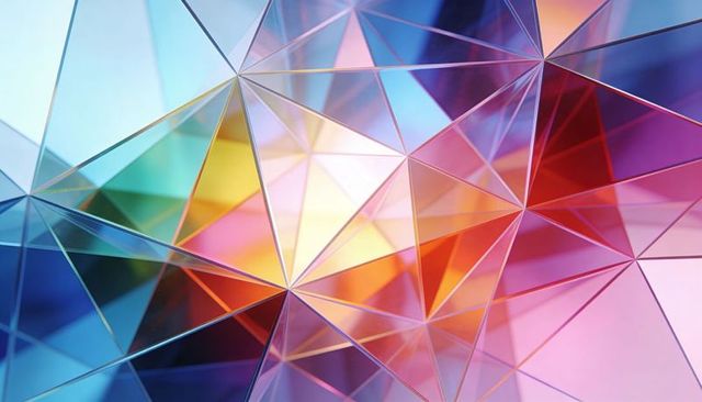 Shimmering prism mosaic showing radial convergence of glass triangular facets