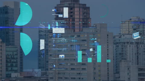 Digital Interface Data Over Urban Cityscape at Night
