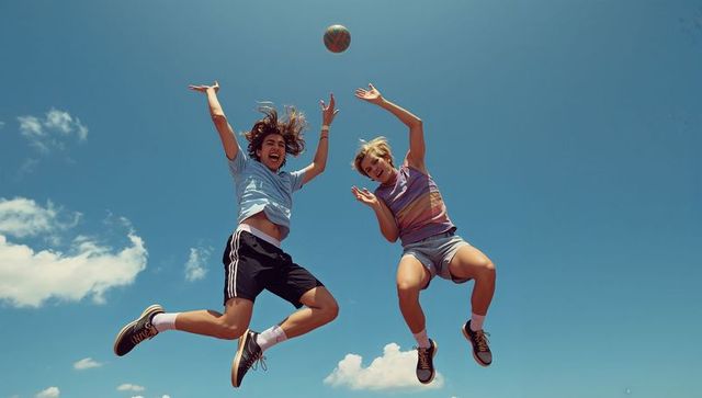 Teen friends jumping for ball under clear blue sky, energetic summer sports moment