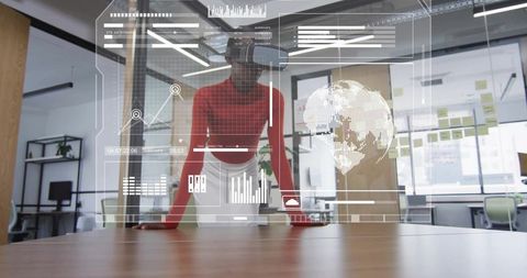 Presenting businesswoman wearing ar headset displaying interactive data dashboards in boardroom