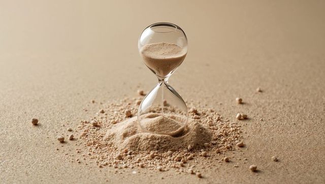 Transparent hourglass with flowing sand on natural background