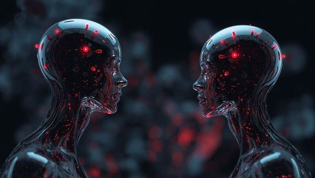 Mirrored translucent androids revealing glowing circuitry and red neural nodes