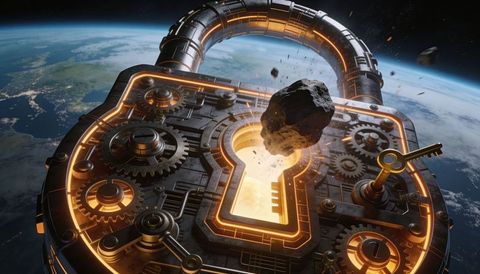 Orbital padlock hovering above earth with glowing keyhole, rotating gears and asteroid passing