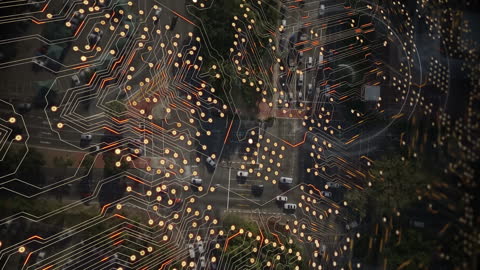 Futuristic Transportation Network Overlaid with Circuit Lines