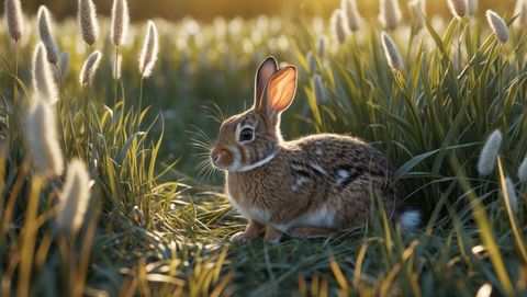 Wild cottontail rabbit resting in sunlit grassy meadow