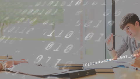 Diverse Students Collaborating with Digital Data Overlay