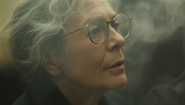 Senior woman gazing thoughtfully in reflective studio portrait