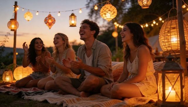 Friends enjoying lantern-lit outdoor sunset gathering on rugs and cushions, cozy boho vibe