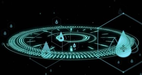 Floating cyan holographic circular hud display showing concentric rings and data drops