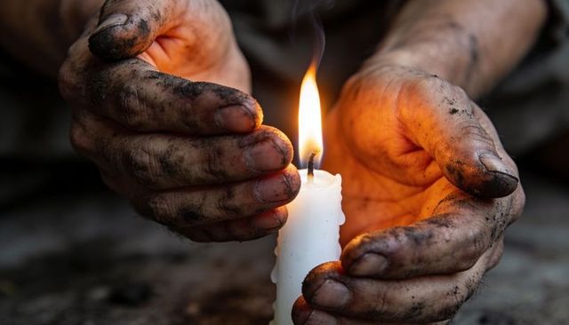 Grimy hands protecting candle flame on rough stone low-light closeup conveying resilience