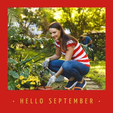 woman gardening with autumn flowers greeting september - Download Free Stock Templates Pikwizard.com
