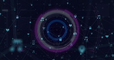Pulsing concentric hud with connected nodes and padlocks for cybersecurity visualization