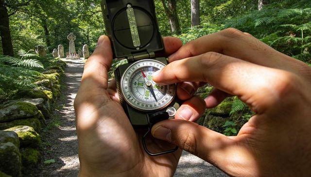 Hiker adjusting compass on shaded woodland trail with mossy stone wall and ancient cross