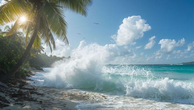 Tropical ocean wave crashing on sandy shoreline