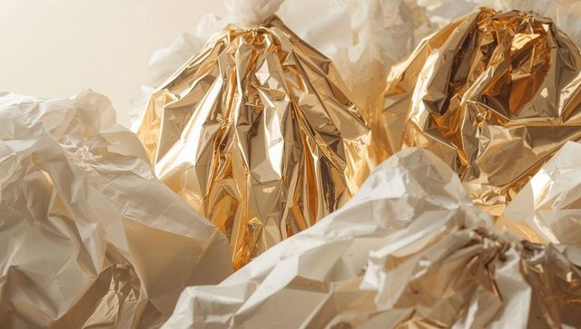 Shimmering crumpled gold and cream foil creating metallic abstract texture