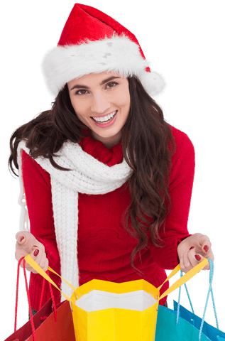 Cheerful Woman in Santa Hat with Colorful Shopping Bags, Transparent Background