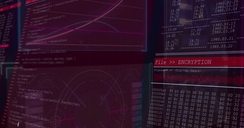 Neon Cybersecurity Console Showing Encryption Banner, Hex Dump, Code and Radar Display