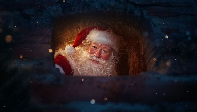 Santa Claus Peering Through Chimney on Christmas Night