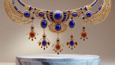 Luxurious Gold Necklace with Blue Cabochons and Red Gems Displayed Elegantly