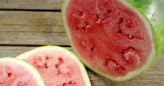 Slices of ripe watermelon are arranged on a wooden surface, showcasing the juicy red fruit with black seeds. Watermelon is a refreshing and popular fruit, especially enjoyed during the summer for its hydrating qualities.