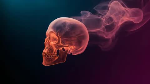 Digital Animation of Mystical Orange Skull with Emitting Smoke
