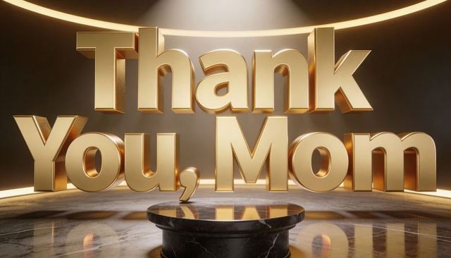 Gilded 3d thank you, mom text on marble pedestal with spotlight reflection and halo