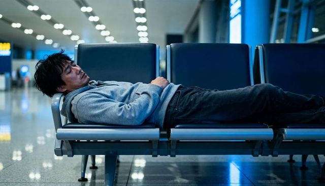 Asian traveler sleeping across airport gate seats in hoodie and jeans quiet overnight wait