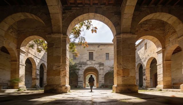 Walking silhouette in sunlit cloister with ancient stone arches at monastery