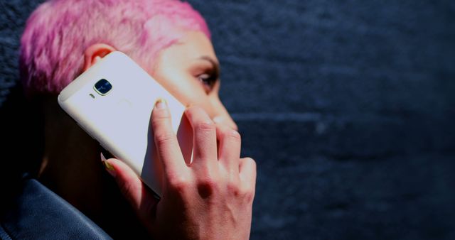 Close-Up of Stylish Woman with Pink Hair Using Smartphone - Download Free Stock Images Pikwizard.com