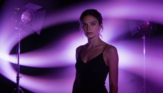 Moody cinematic portrait woman in black spaghetti-strap dress under purple studio lights