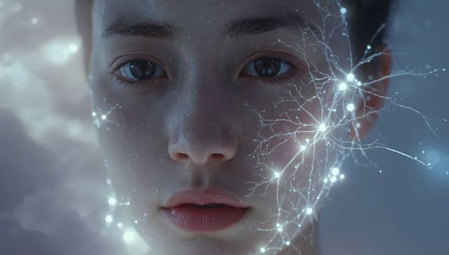 Ethereal young woman face glowing with neural strands, futuristic AI connection close-up