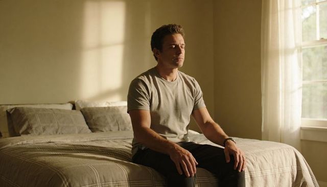 Sitting man meditating on bed in sunlit minimalist bedroom for mindfulness and calm