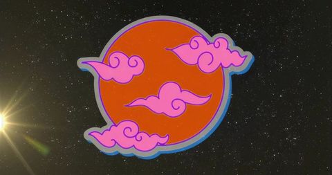 Cosmic red emblem with pink clouds in starry sky