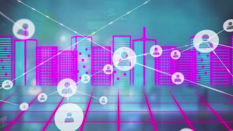 Futuristic Network of Digital Profiles over 3D Neon Cityscape