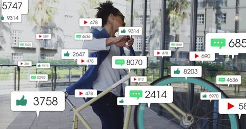 Urban commuter walking with turquoise-rim bike and social media notification overlays