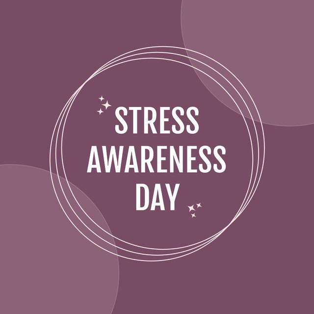 Image of stress awareness day over circles on purple background. Mental health and stress awareness concept.