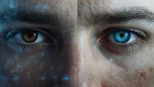 Bisected male face with hazel and electric blue eyes, futuristic duality and textured detail