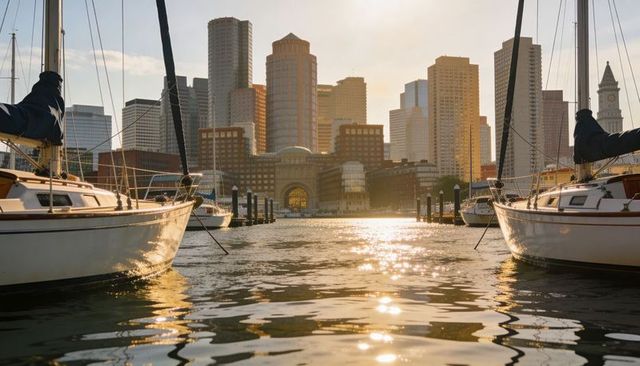 Sunlit boston harbor marina framing twin sailboats leading to downtown financial district