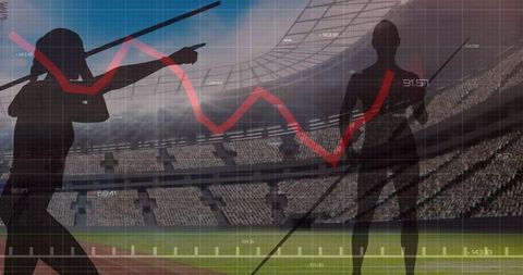 Digital health analytics over javelin throwing athlete in stadium