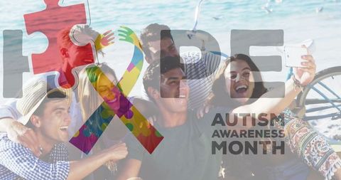 Colorful Autism Awareness Ribbon Over Friends Enjoying Beach Party - Download Free Stock Images Pikwizard.com